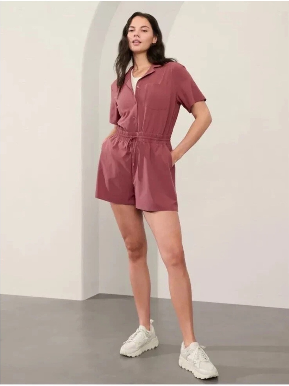 Athleta Short-Sleeve Drawstring Combinaison Avenue Romper in Rose Size XL/T  NWT